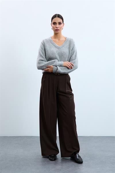 Свитер из смеси мохера и шерсти с драпировкой и пайетками на плечах KZK10388GRİ