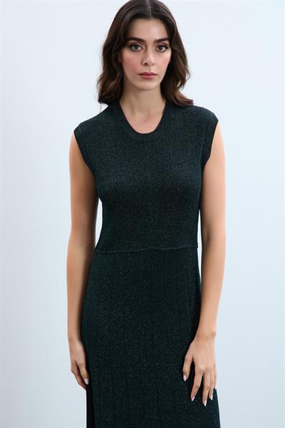 Платье-стринги с металлизированным вырезом и круглым вырезом ELB9766HAKİ