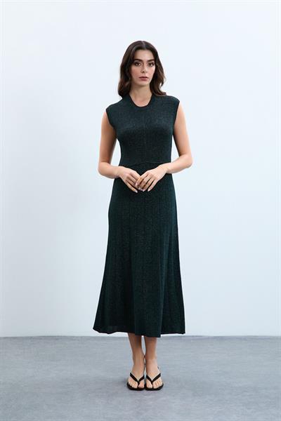 Платье-стринги с металлизированным вырезом и круглым вырезом ELB9766HAKİ