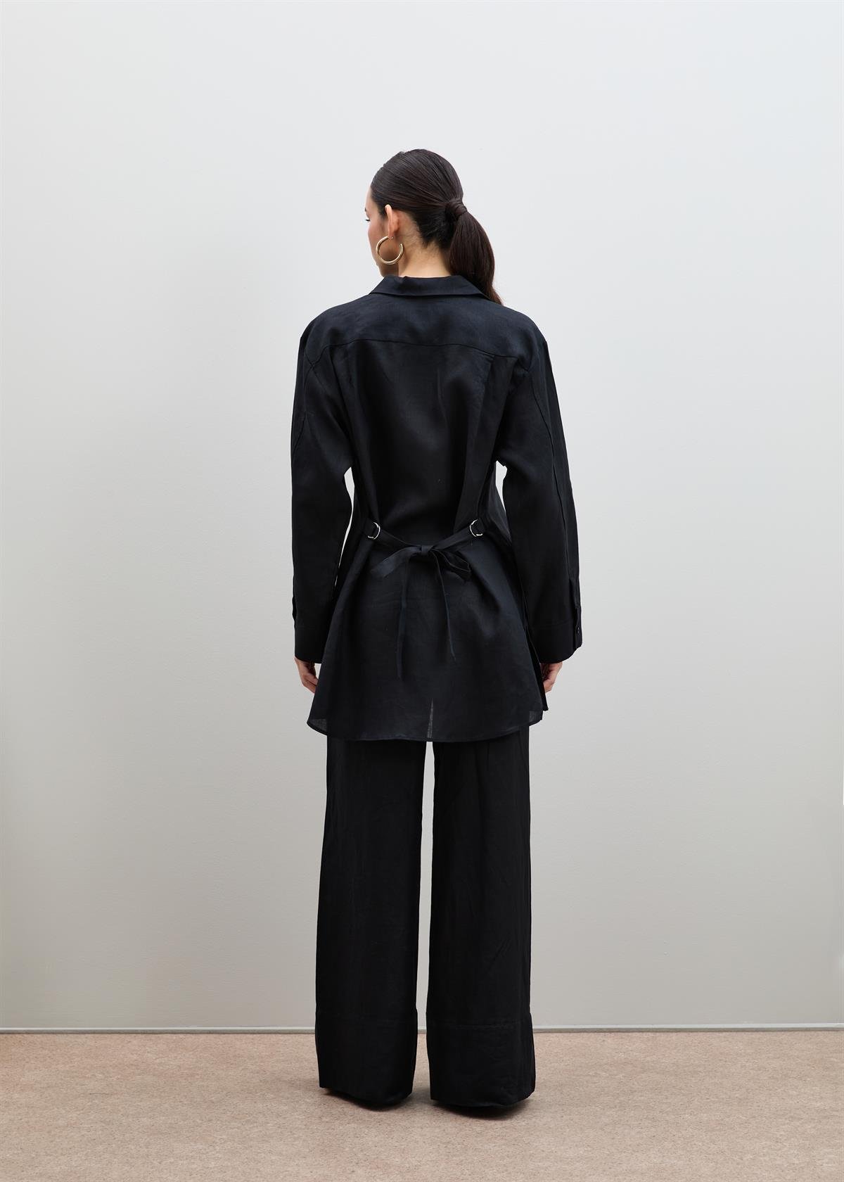 %100 Keten Kuşak Detaylı Oversize Gömlek