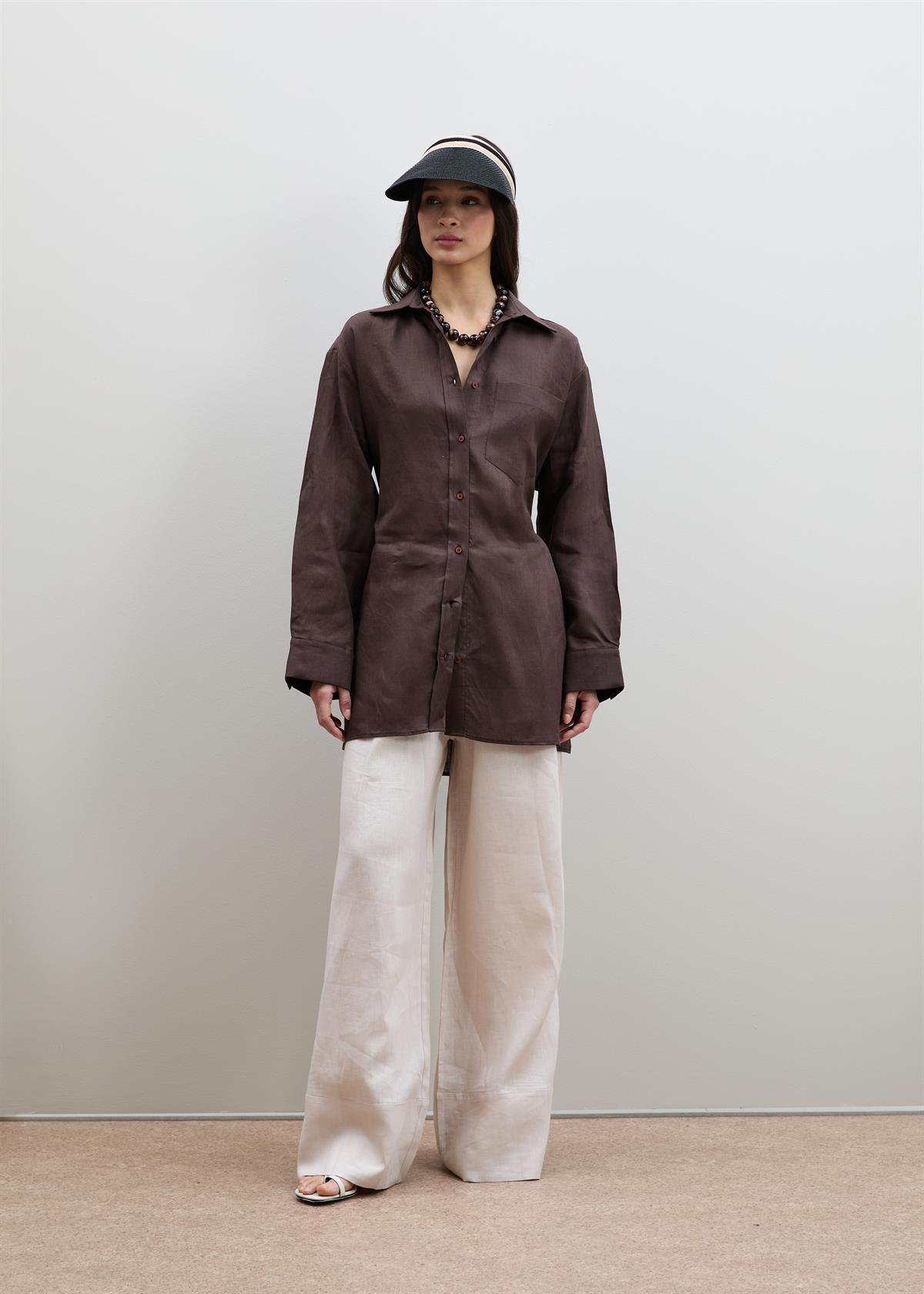 %100 Keten Kuşak Detaylı Oversize Gömlek
