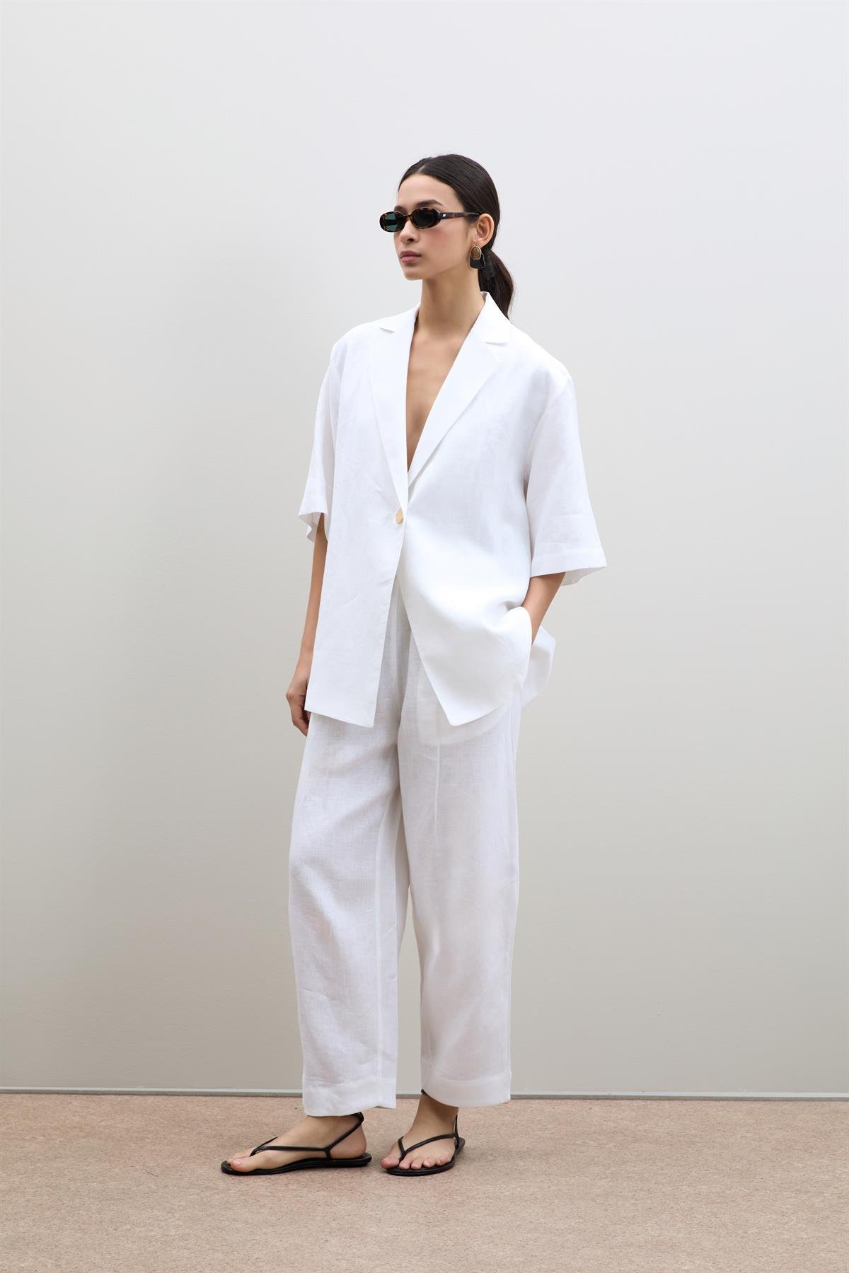 %100 Keten Oversize Düğme Detaylı Ceket