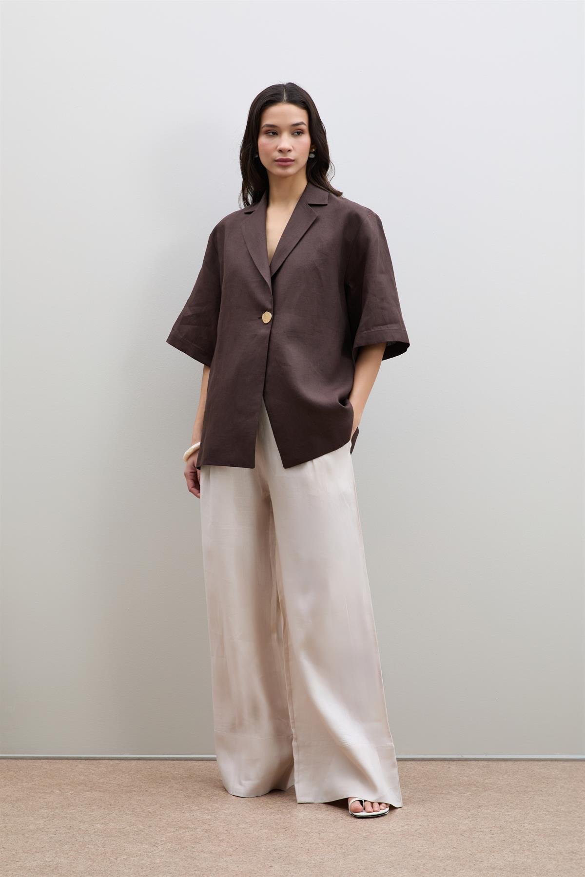 %100 Keten Oversize Düğme Detaylı Ceket