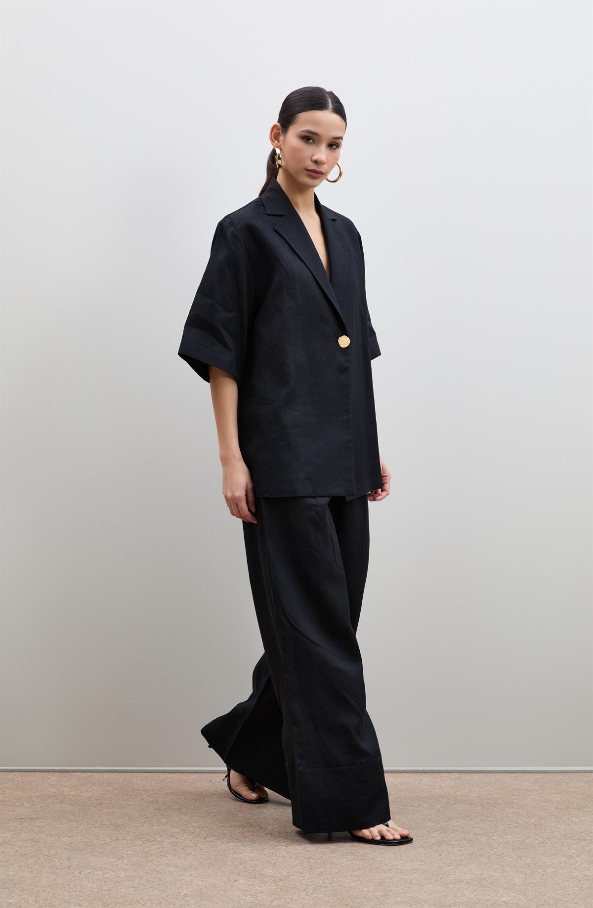 %100 Keten Oversize Düğme Detaylı Ceket