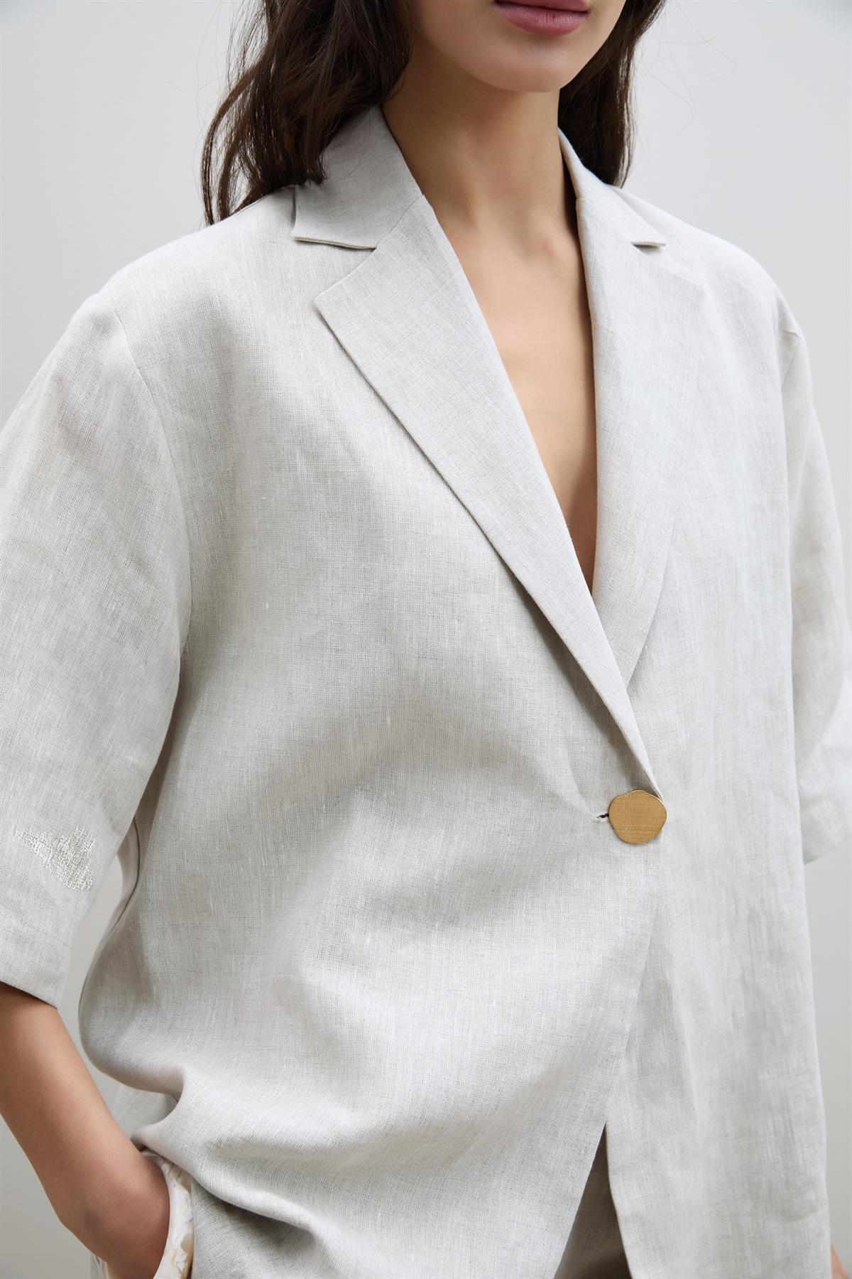 %100 Keten Oversize Düğme Detaylı Ceket