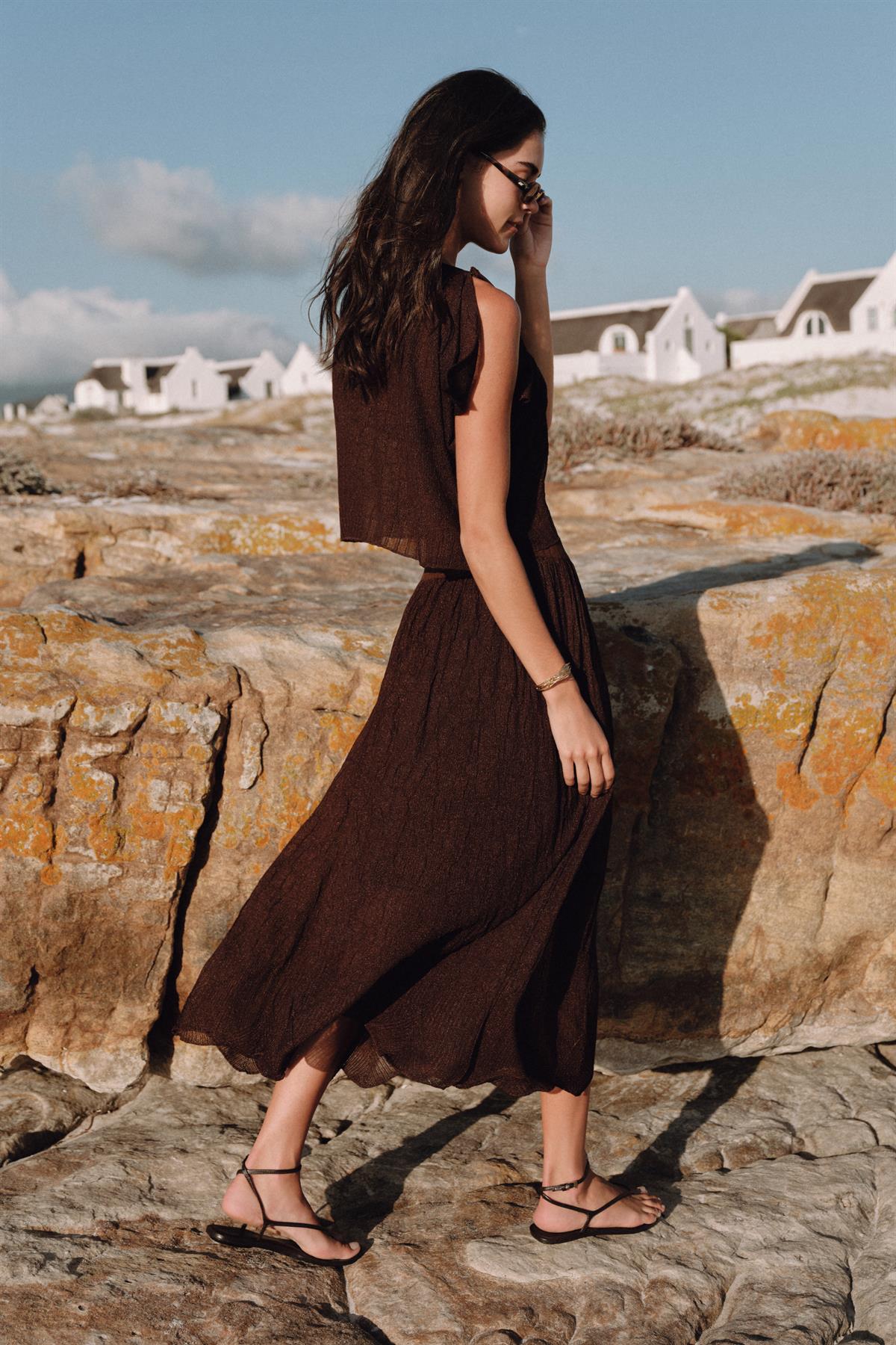 Open-Knit Textured High-Waisted Skirt ETK12282KAHVE