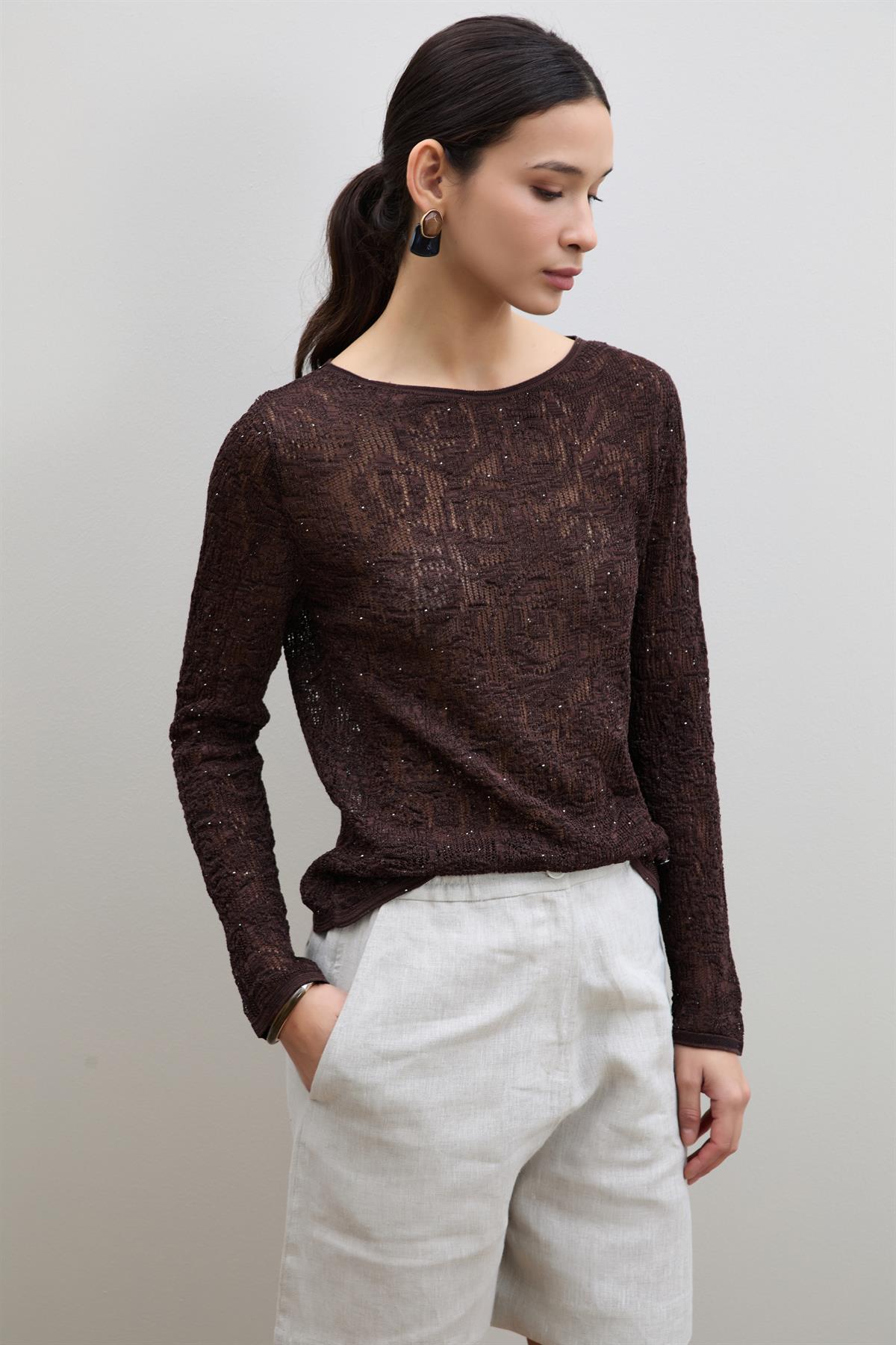 Open-Knit Mini Sequin Crew Neck Sweater