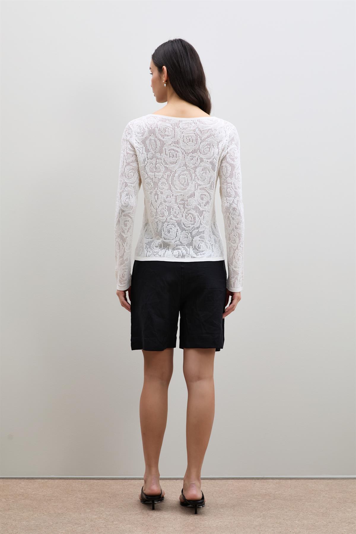 Open-Knit Mini Sequin Crew Neck Sweater