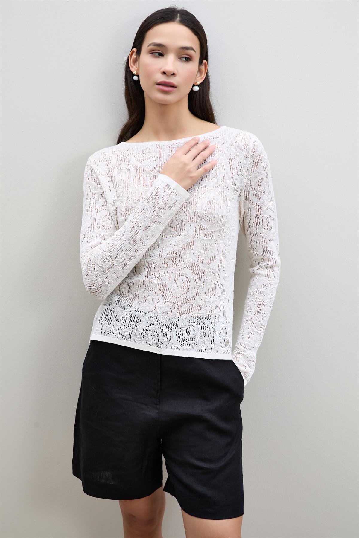 Open-Knit Mini Sequin Crew Neck Sweater