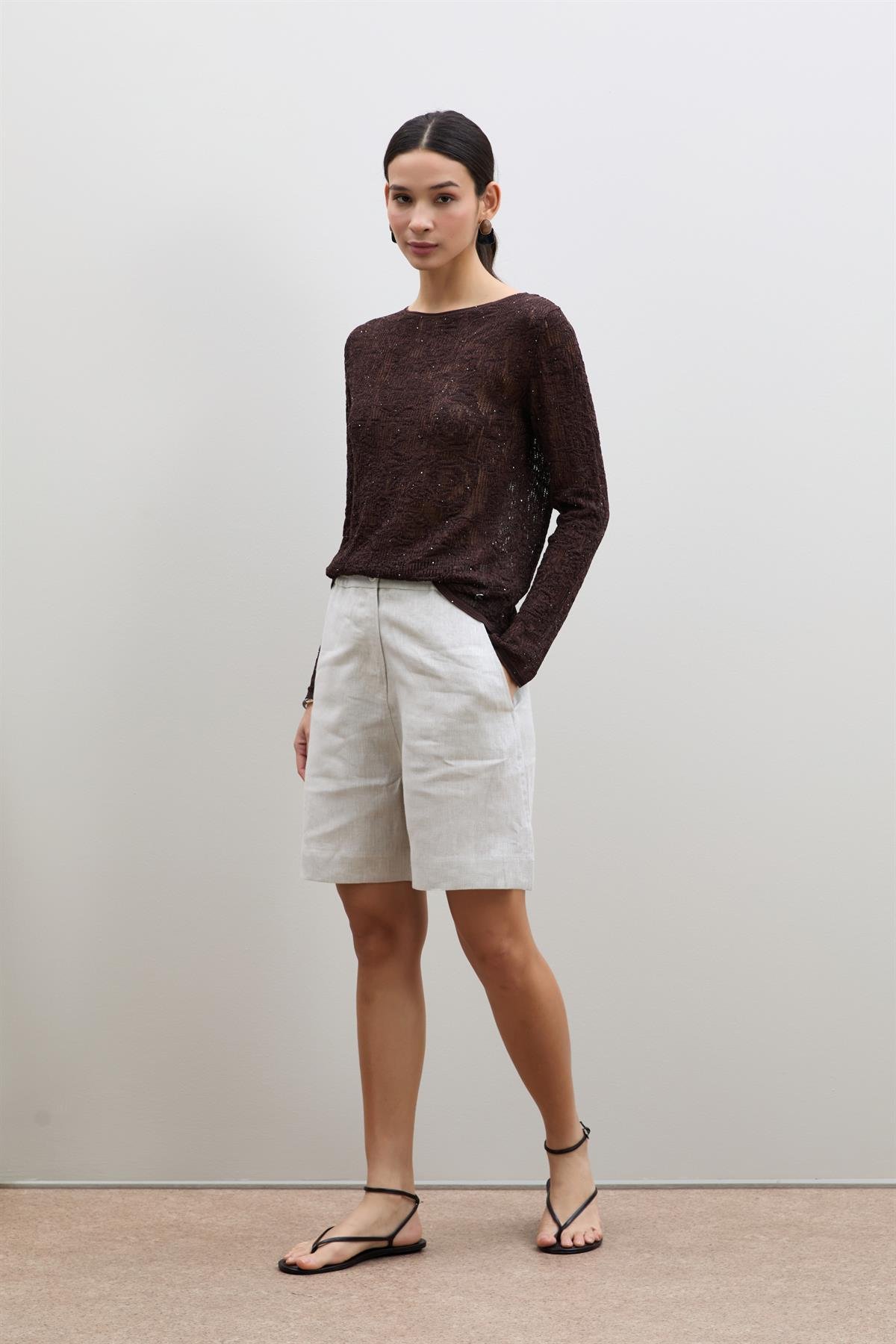 Open-Knit Mini Sequin Crew Neck Sweater