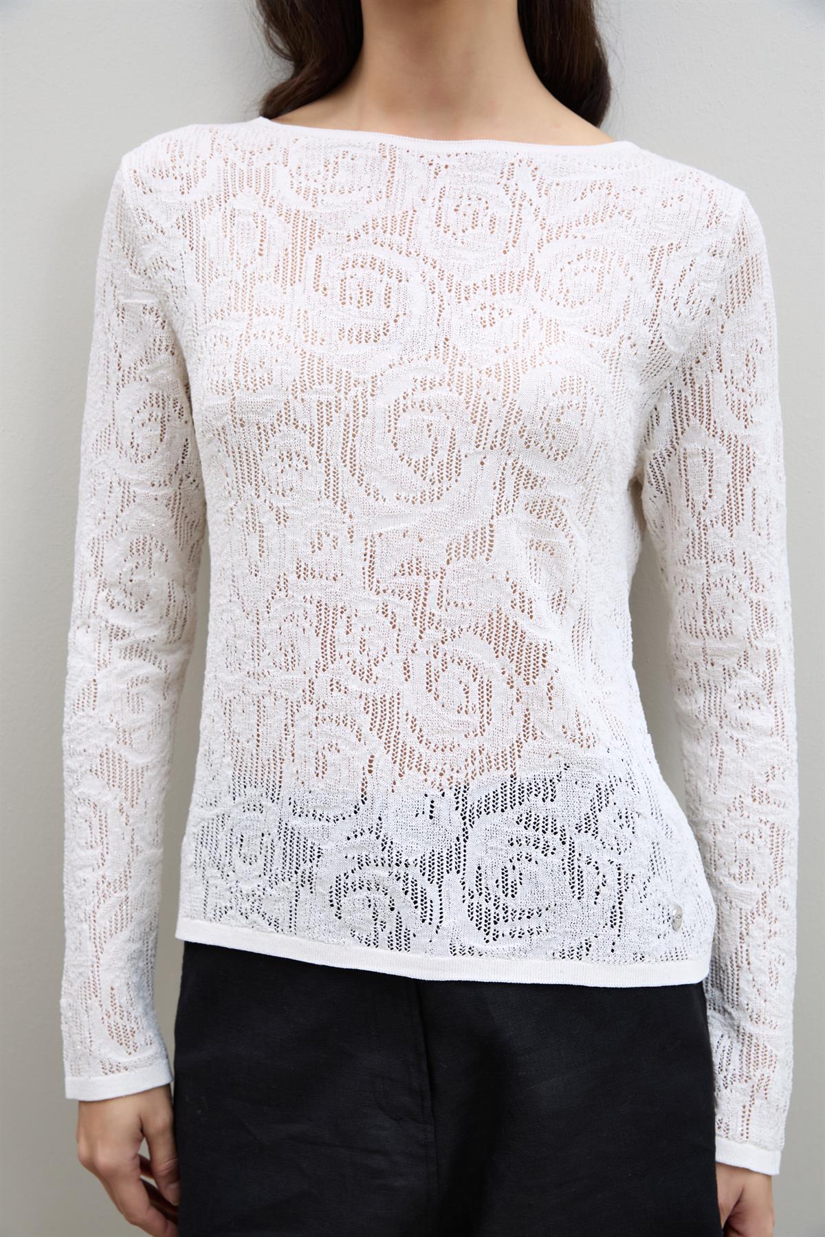 Open-Knit Mini Sequin Crew Neck Sweater