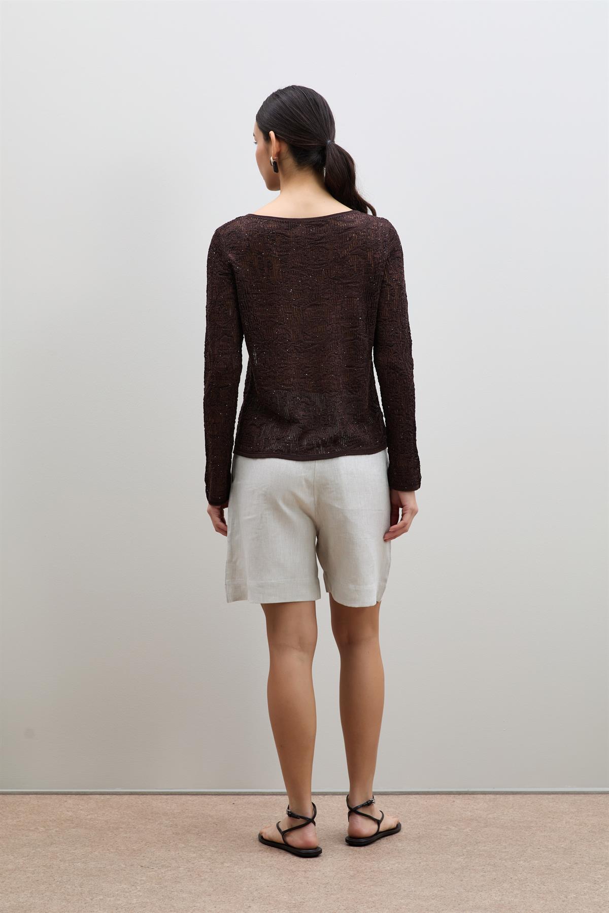 Open-Knit Mini Sequin Crew Neck Sweater
