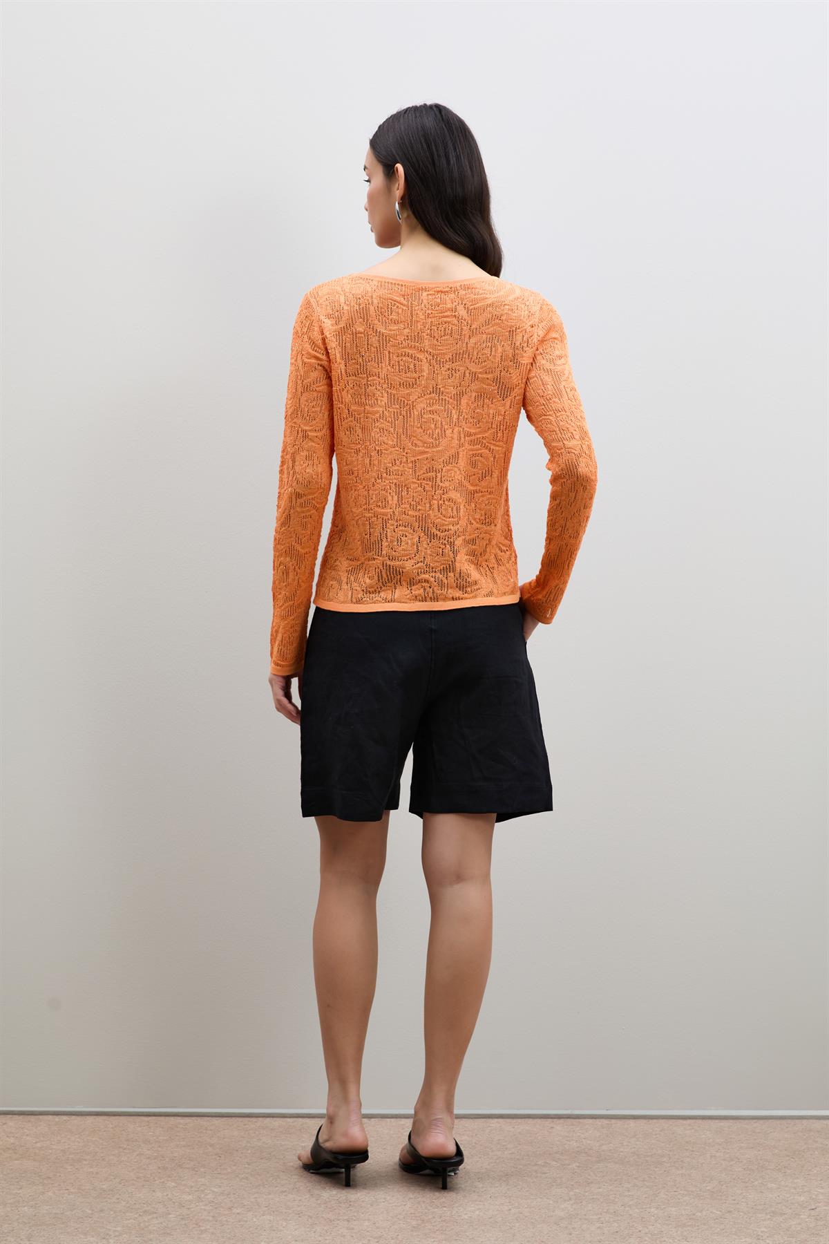 Open-Knit Mini Sequin Crew Neck Sweater