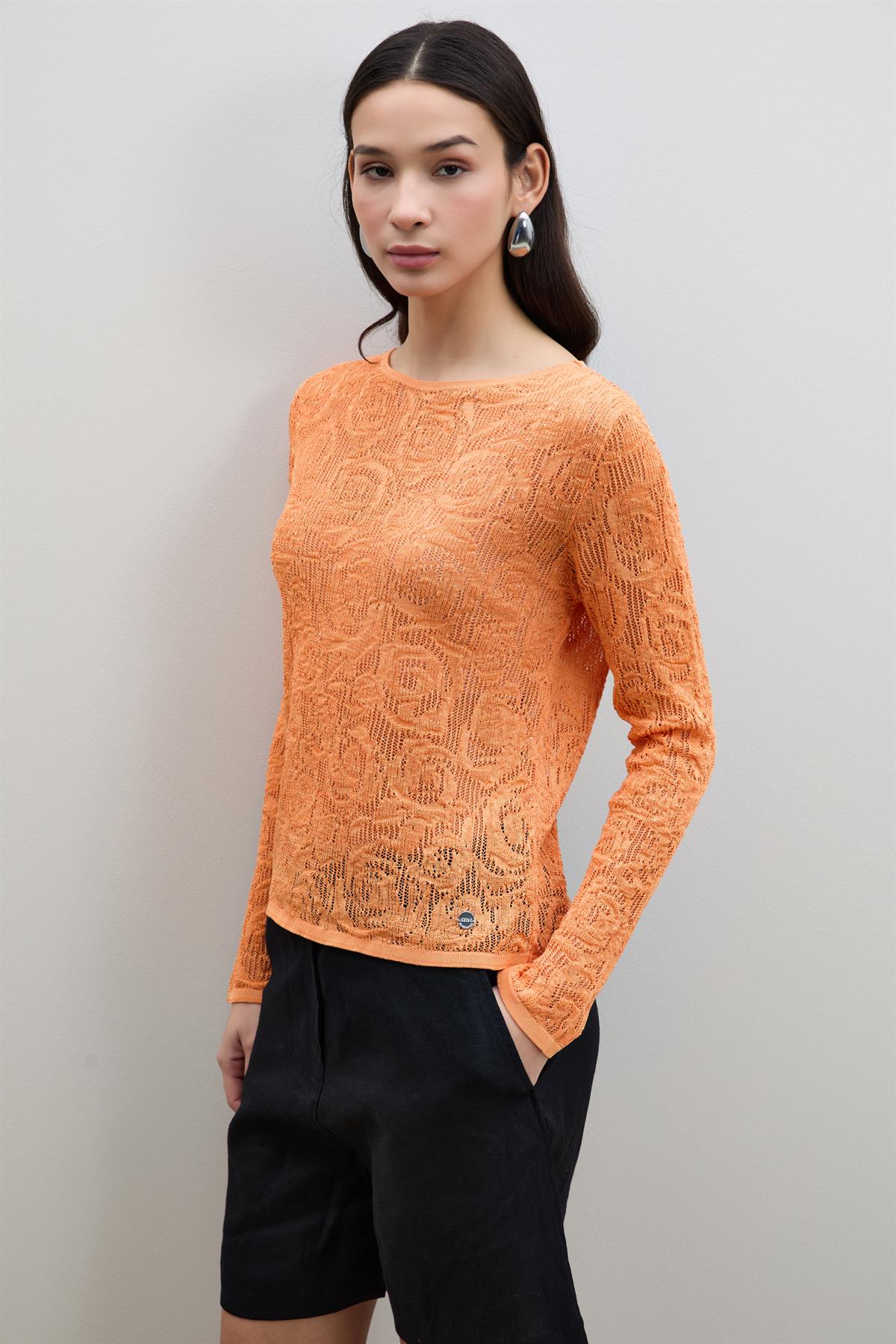Open-Knit Mini Sequin Crew Neck Sweater