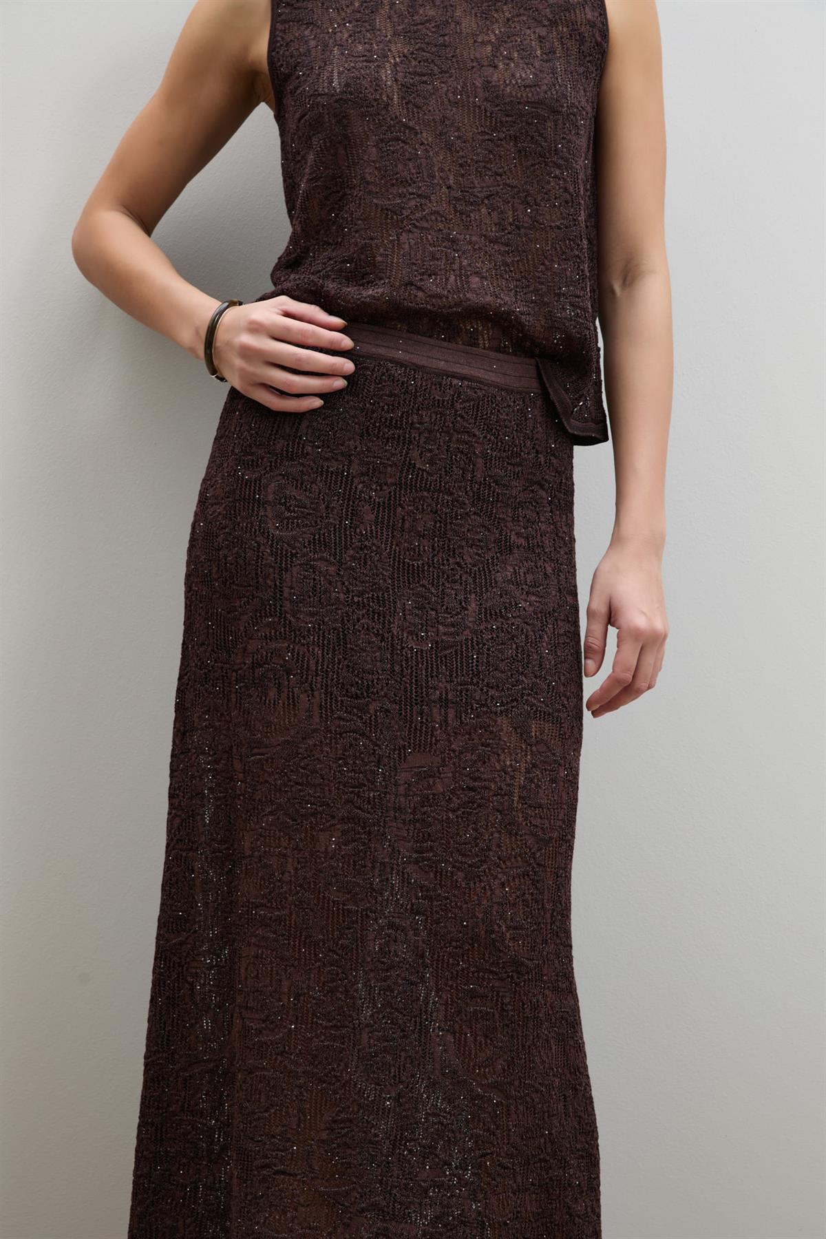 Open-Knit Mini Sequin Midi Skirt