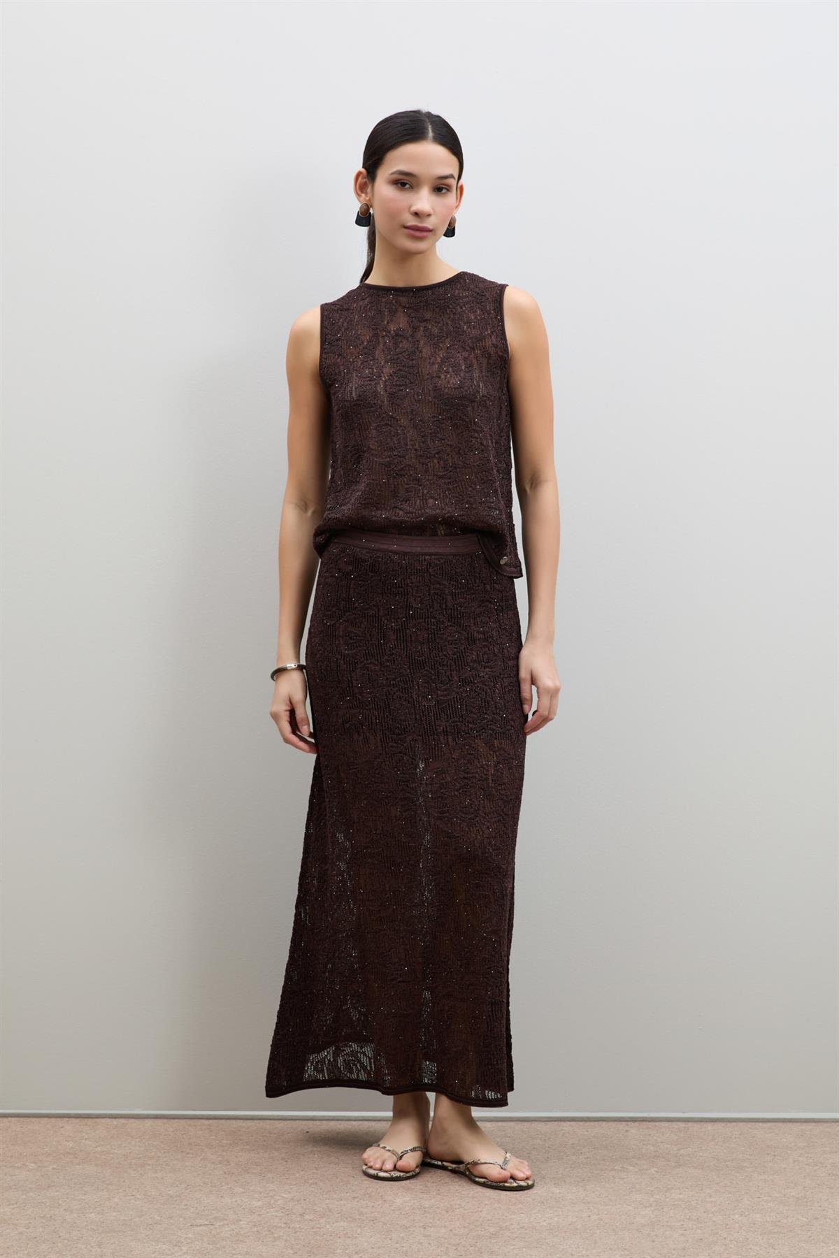 Open-Knit Mini Sequin Midi Skirt