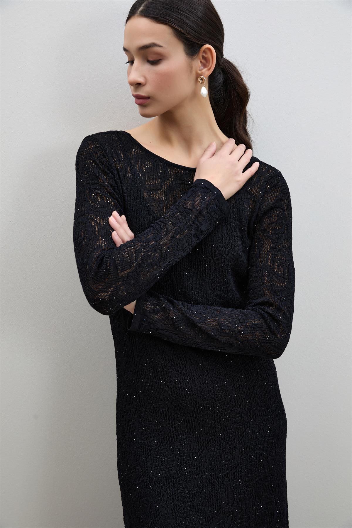 Open-Knit Mini Sequin Back Detail Midi Dress