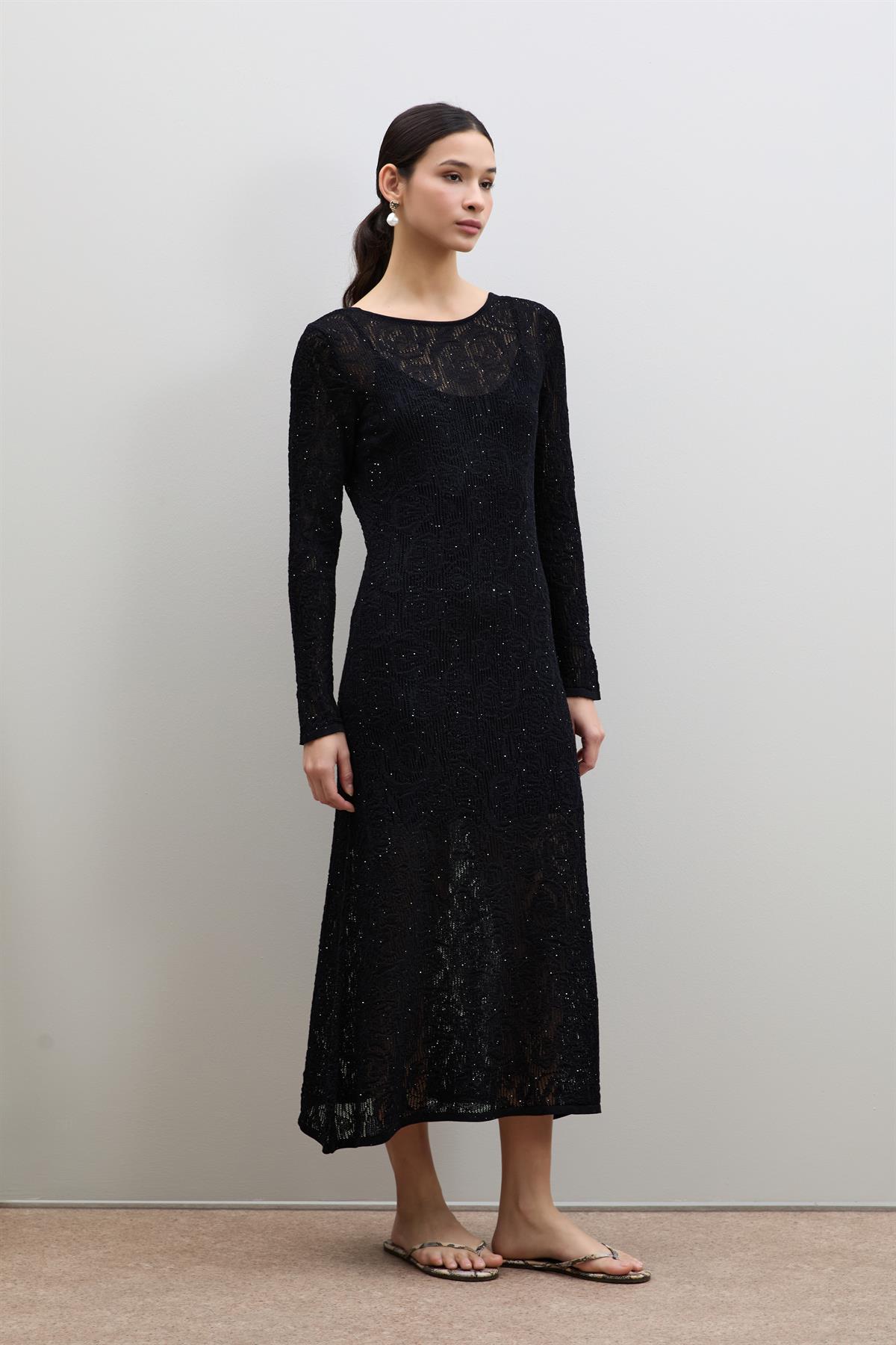 Open-Knit Mini Sequin Back Detail Midi Dress