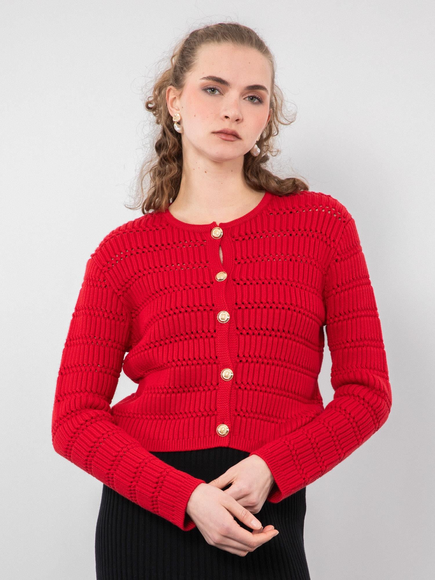 Open-Knit Cardigan with Gold Buttons HRK9604KIRMIZI price