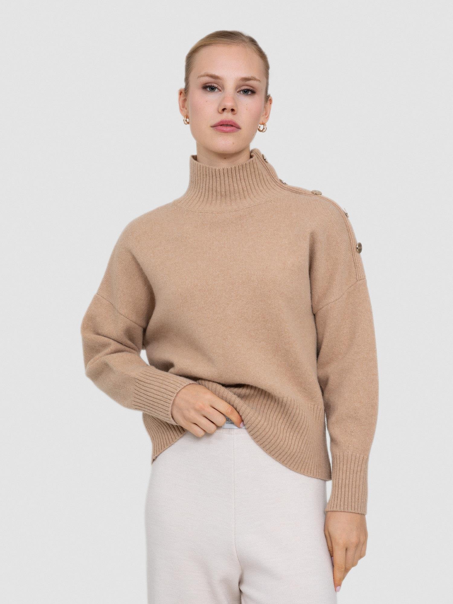 Cashmere and Wool Blend High Neck Sweater with Button Detail KZK6972BEJ
