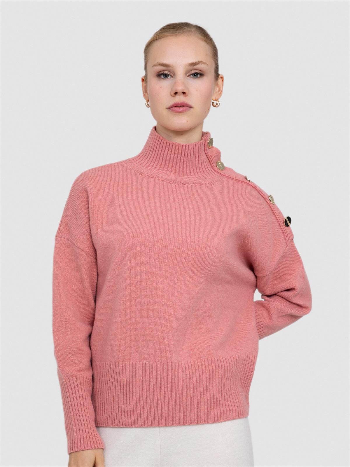 Cashmere and Wool Blend High Neck Sweater with Button Detail