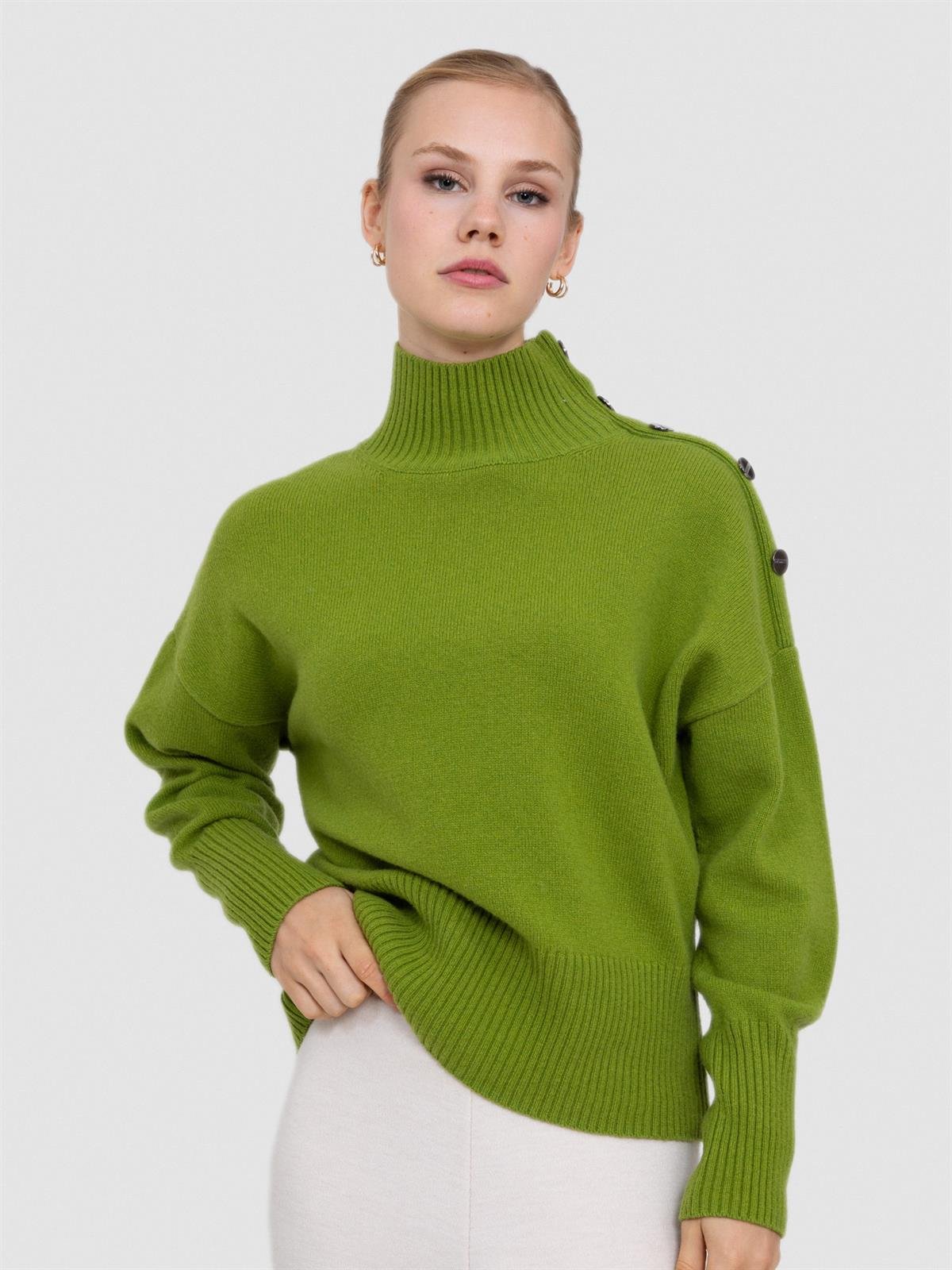 Cashmere and Wool Blend High Neck Sweater with Button Detail