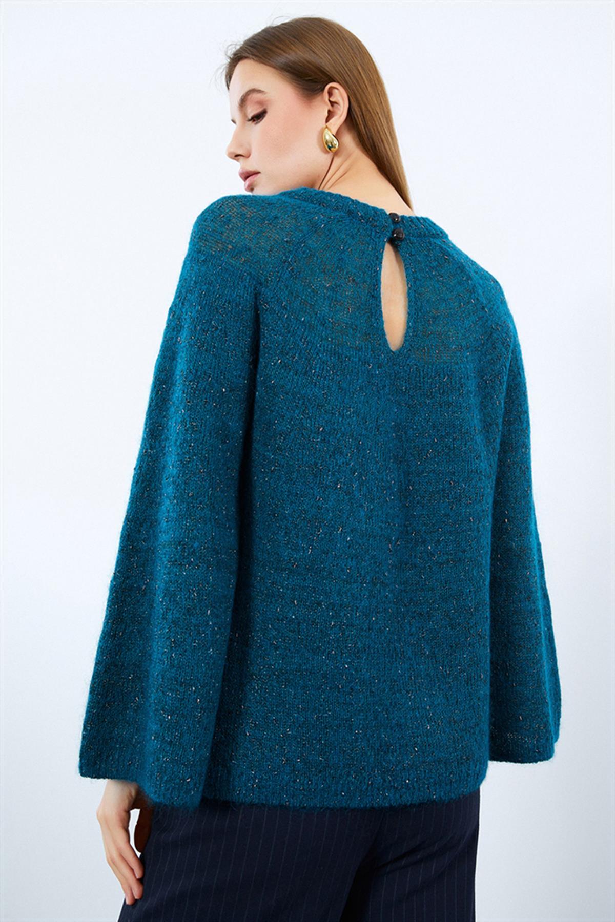 Back Detail Crew Neck Sweater with Metallic Thread