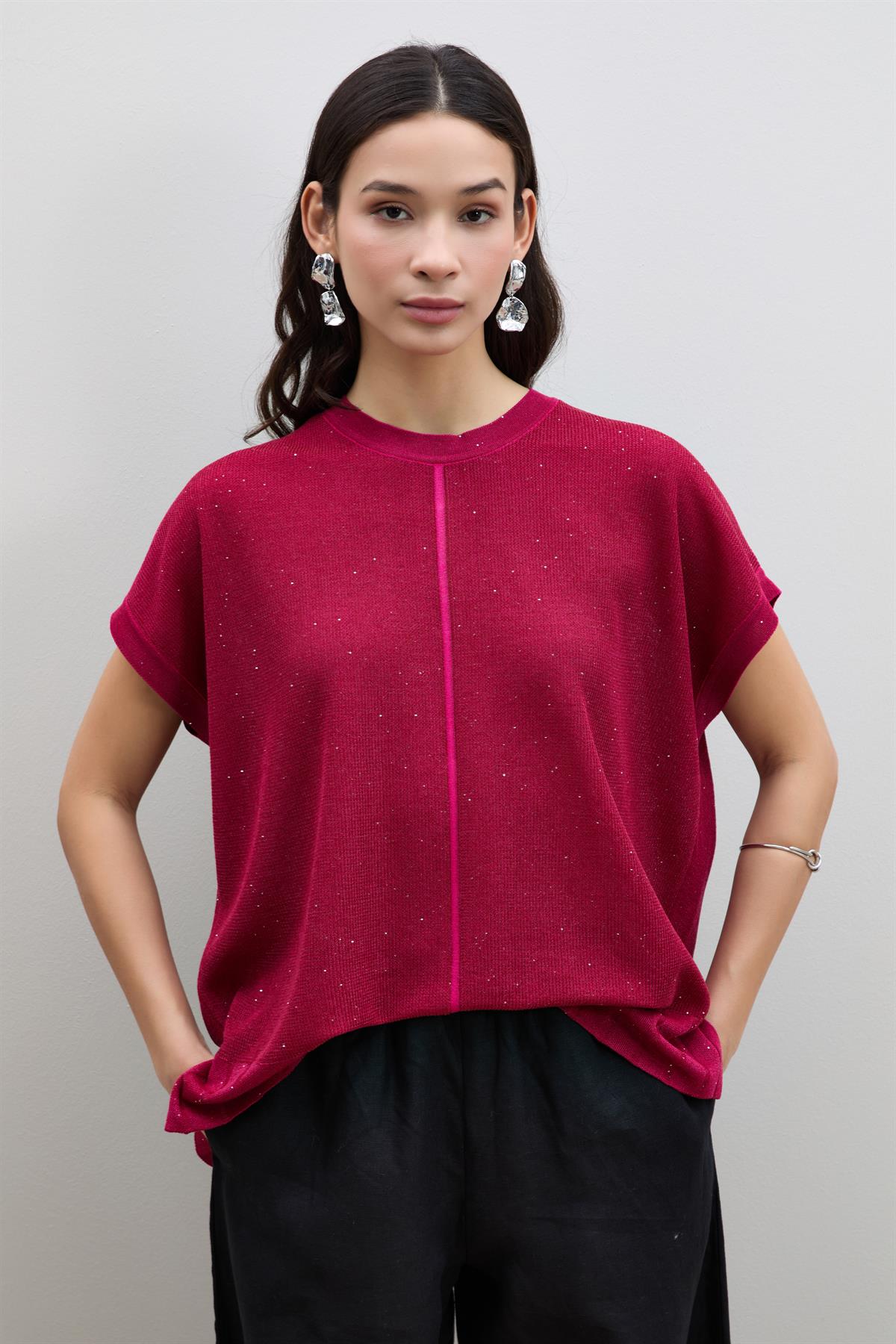 Sequin Knit Sweater with Button Details