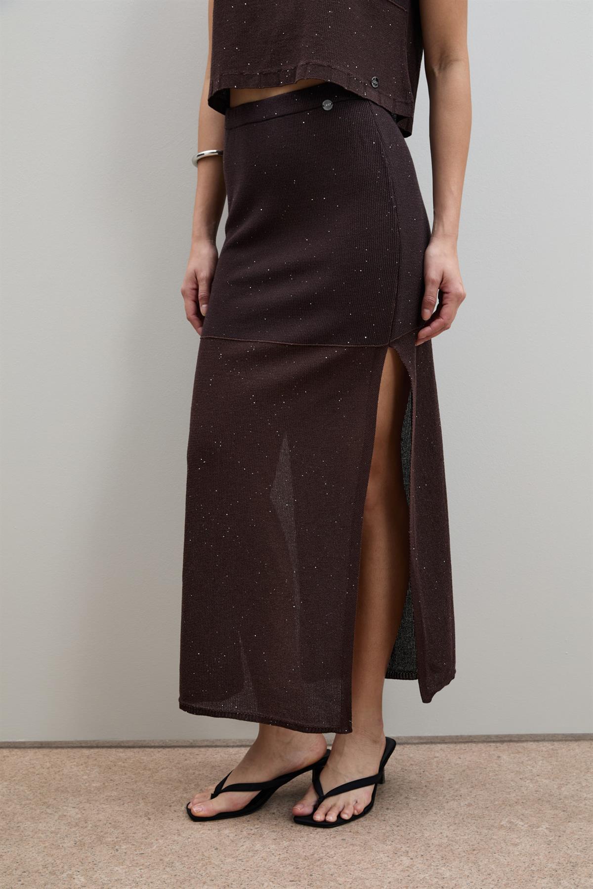 Mini Sequin Stripe Detail Slit Skirt