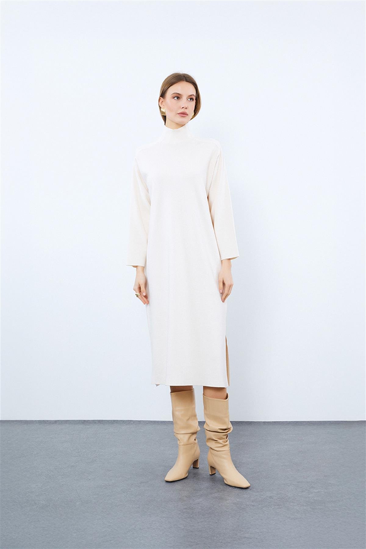 Organic Cotton Blend High Neck Dress with Slit Detail