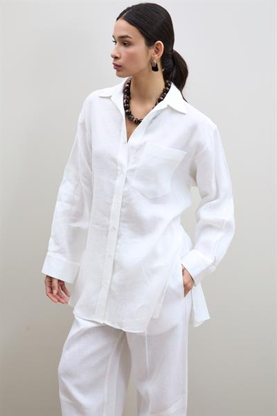 %100 Keten Kuşak Detaylı Oversize Gömlek