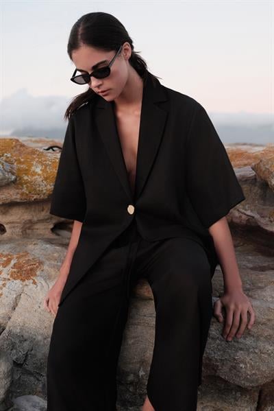 %100 Keten Oversize Düğme Detaylı Ceket 10K3646SİYAH