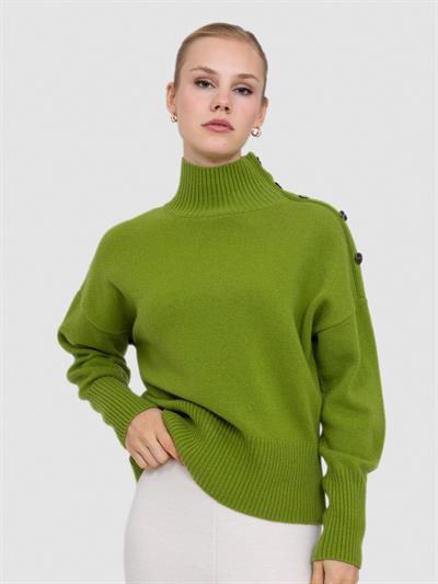 Cashmere and Wool Blend High Neck Sweater with Button Detail
