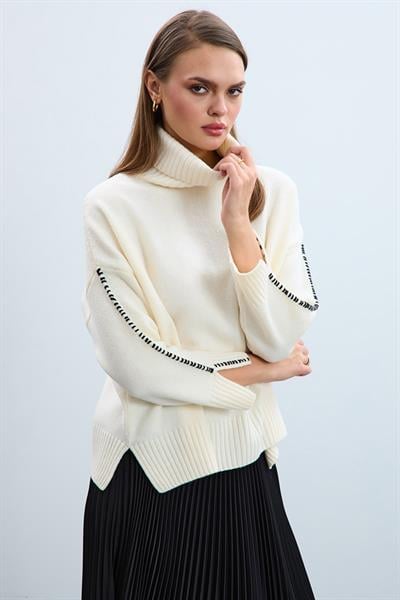 Cashmere and Wool Blend High Neck Whipstitch Trimmed Sweater