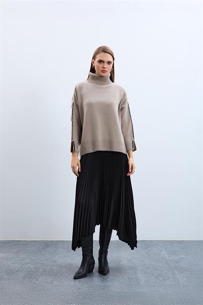Cashmere and Wool Blend High Neck Whipstitch Trimmed Sweater