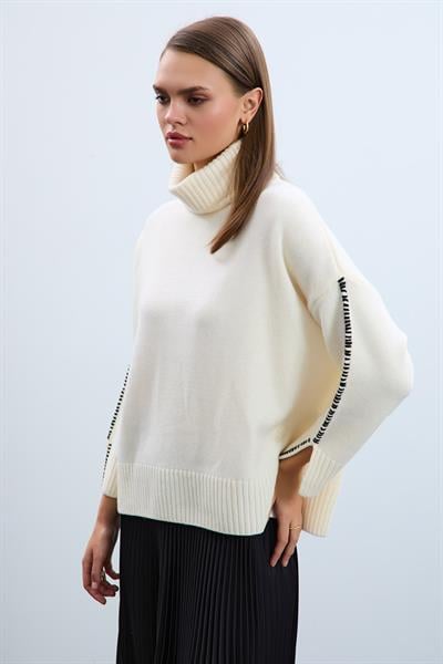 Cashmere and Wool Blend High Neck Whipstitch Trimmed Sweater