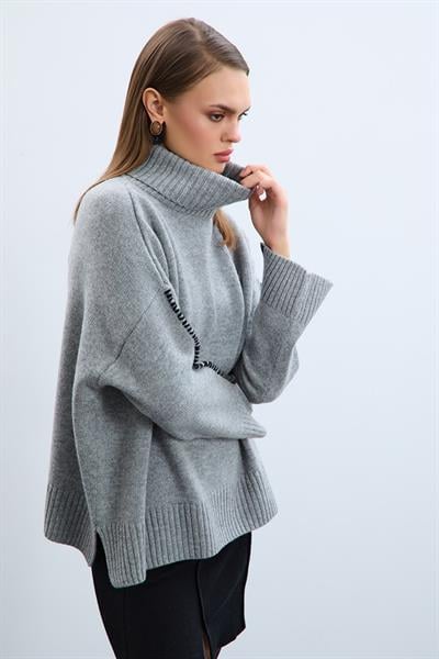 Cashmere and Wool Blend High Neck Whipstitch Trimmed Sweater