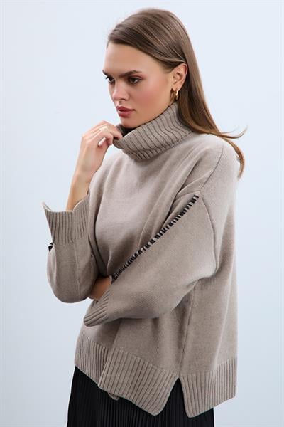 Cashmere and Wool Blend High Neck Whipstitch Trimmed Sweater
