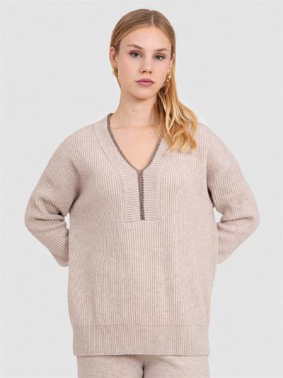 Cashmere and Wool Blend Ribbed Knit Sweater with Metallic Thread