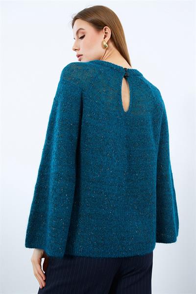 Back Detail Crew Neck Sweater with Metallic Thread