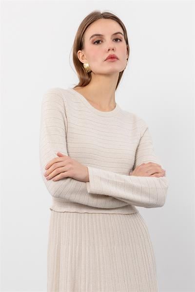 Wool Blend Midi Dress with Metallic Thread and Ribbed Detail