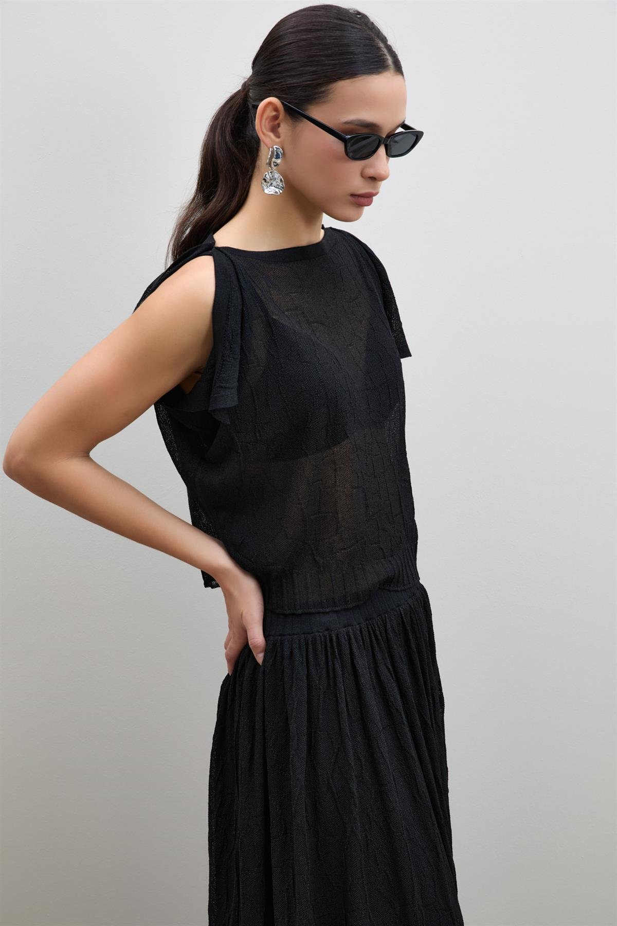 Semi-Sheer Textured Shoulder Detail Sweater