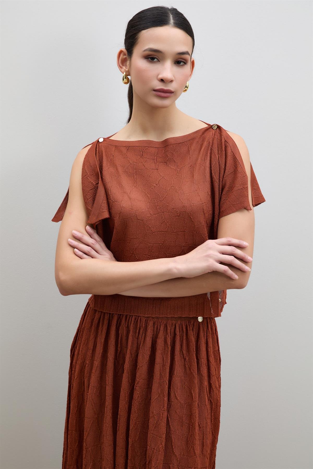 Semi-Sheer Textured Shoulder Detail Sweater