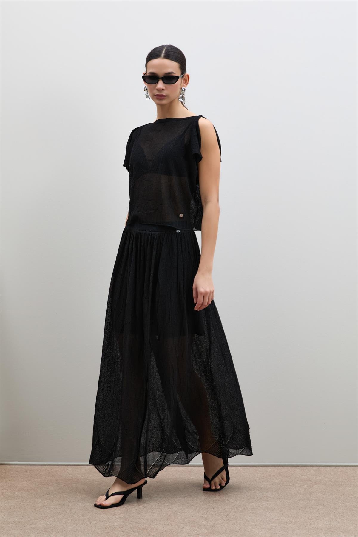 Semi-Sheer Textured Shoulder Detail Sweater