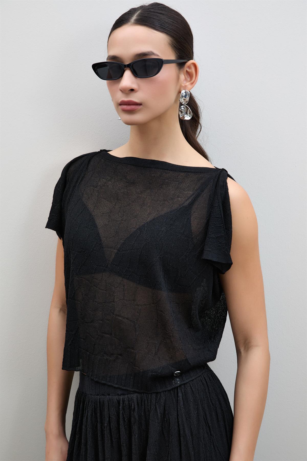Semi-Sheer Textured Shoulder Detail Sweater