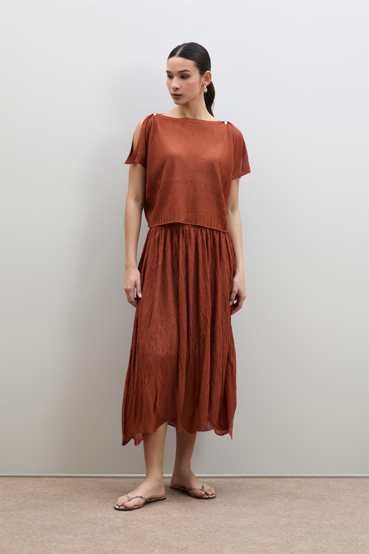Semi-Sheer Textured Shoulder Detail Sweater
