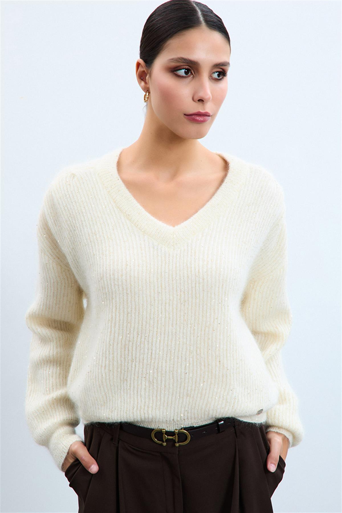 Mohair and Wool Blend Draped Shoulder Sequin Sweater