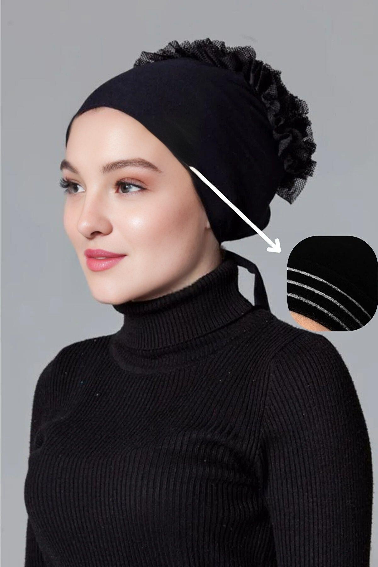 Fırfırlı Kaymaz Silikonlu Dikişsiz Bone Siyah