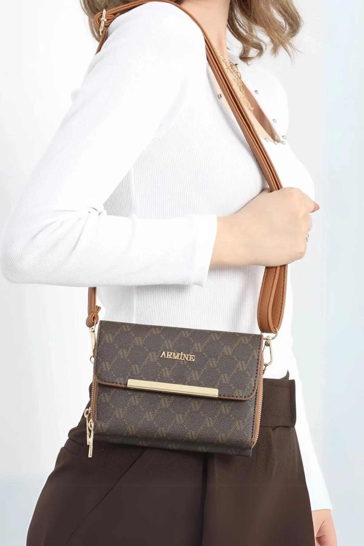 Armine 381 Renete Kadın Çapraz Çanta Kahve Noktalı