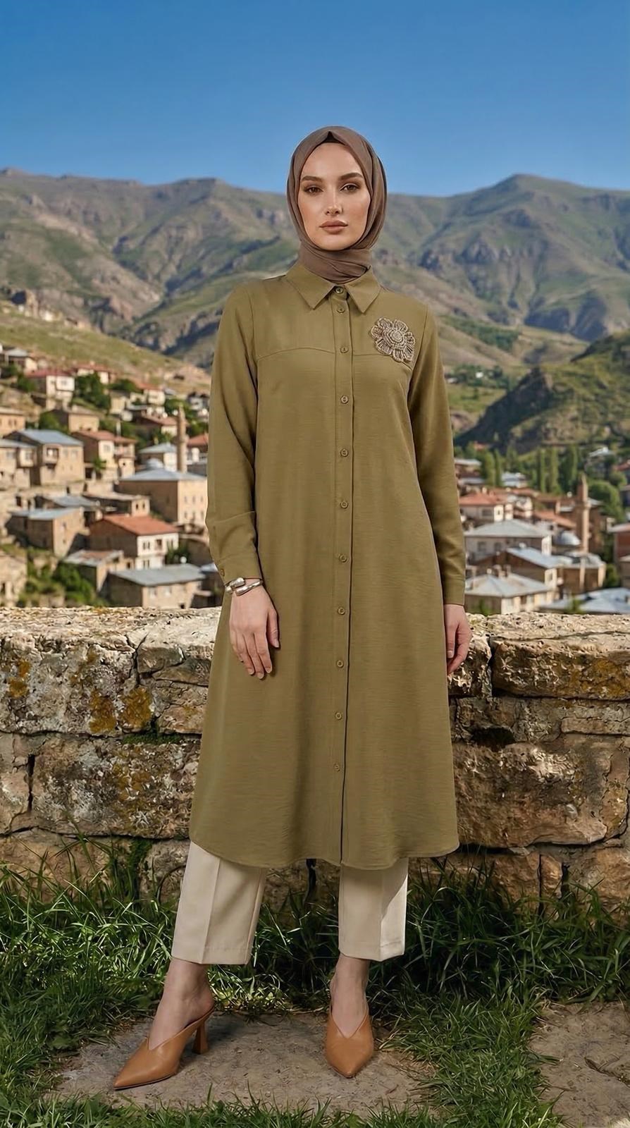 Armine TEND Çiçek Detaylı Tunik Yağ Yeşili 26YT403